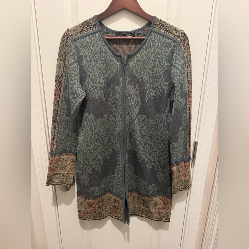 Peruvian Connection Blue/gray Patterned Zip-Up Sweater